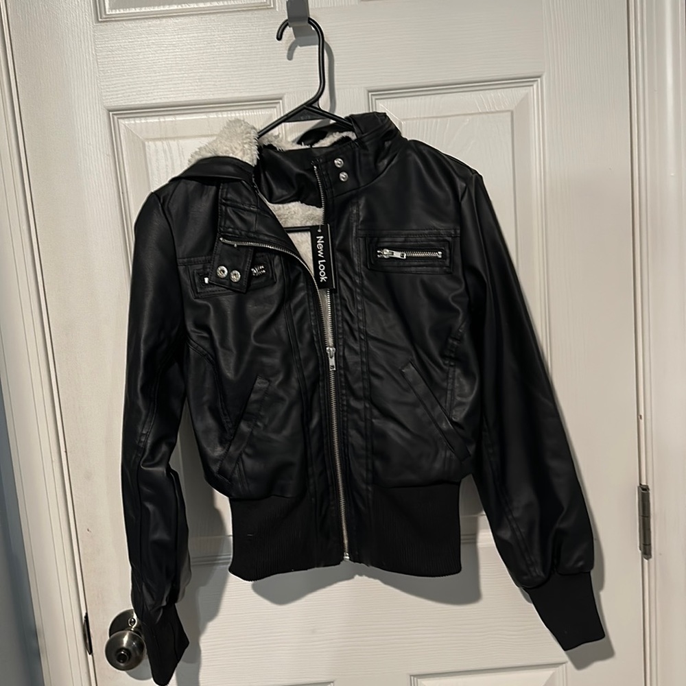 New Look faux leather bomber jacket with hood